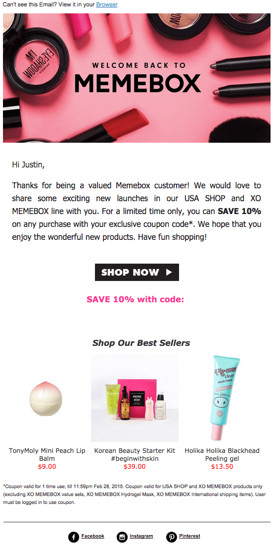 retention email from Memebox