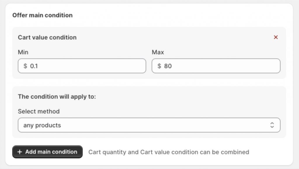 Set the Min and Max of BOGOS Cart value condition